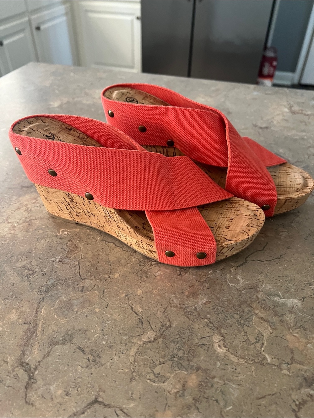 Versions Women's Cork Wedge Sandals in Coral